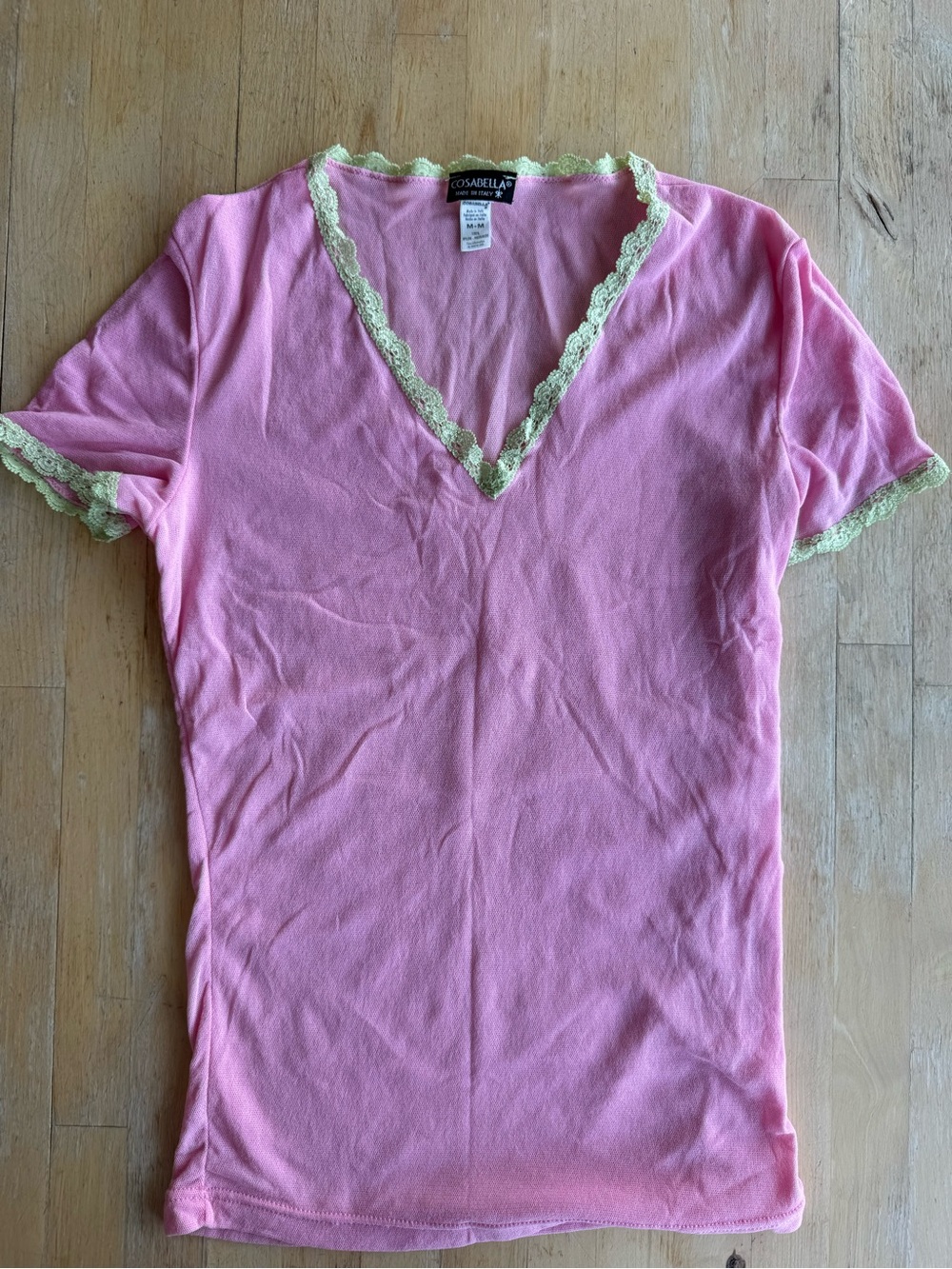 Cosabella Pink V-Neck Tee with Cream Lace Trim